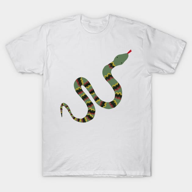 Green Garden Snake Cartoon with Yellow, Red and Black Zig Zag Bands T-Shirt by podartist